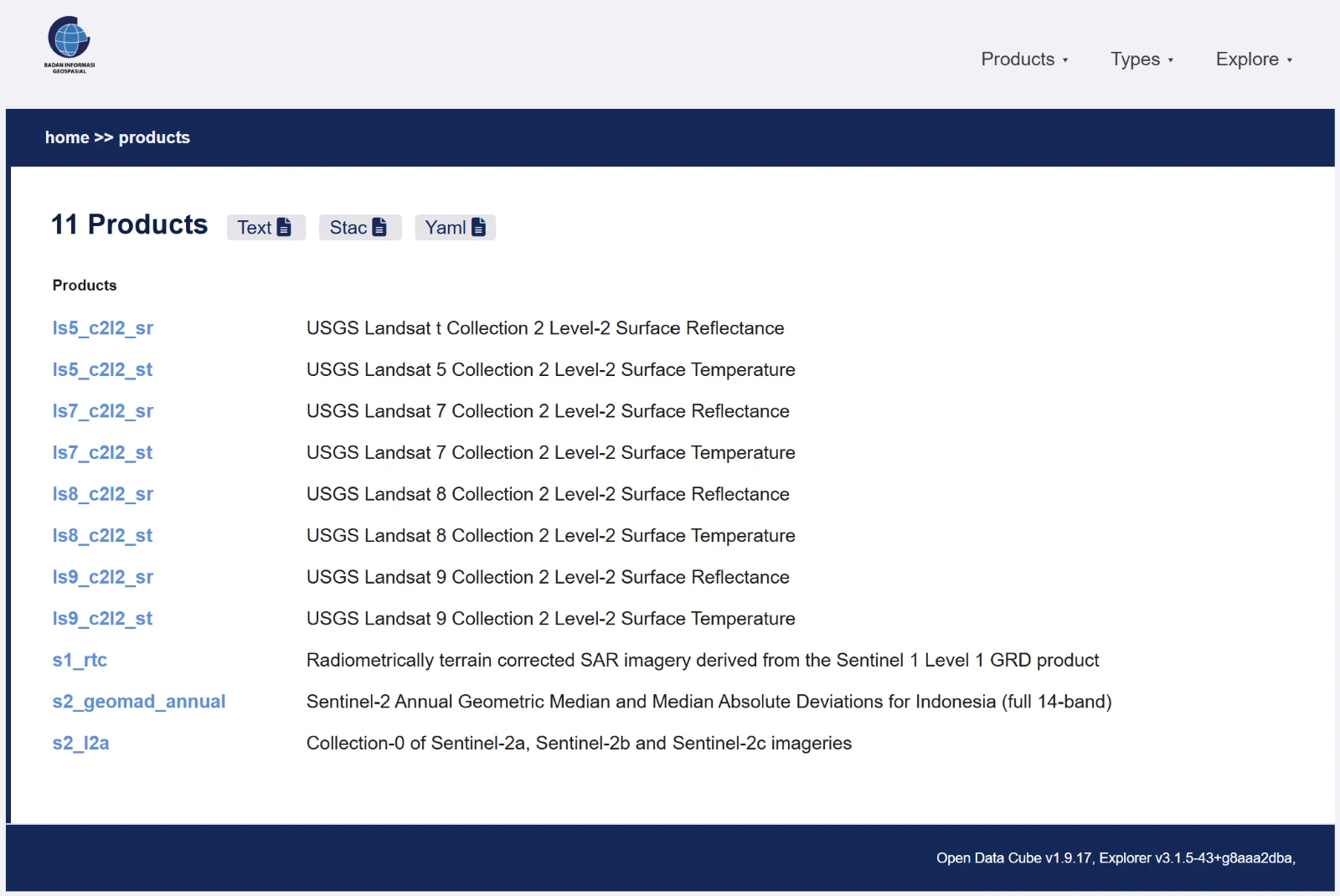 Data Explorer products page with export links above the table