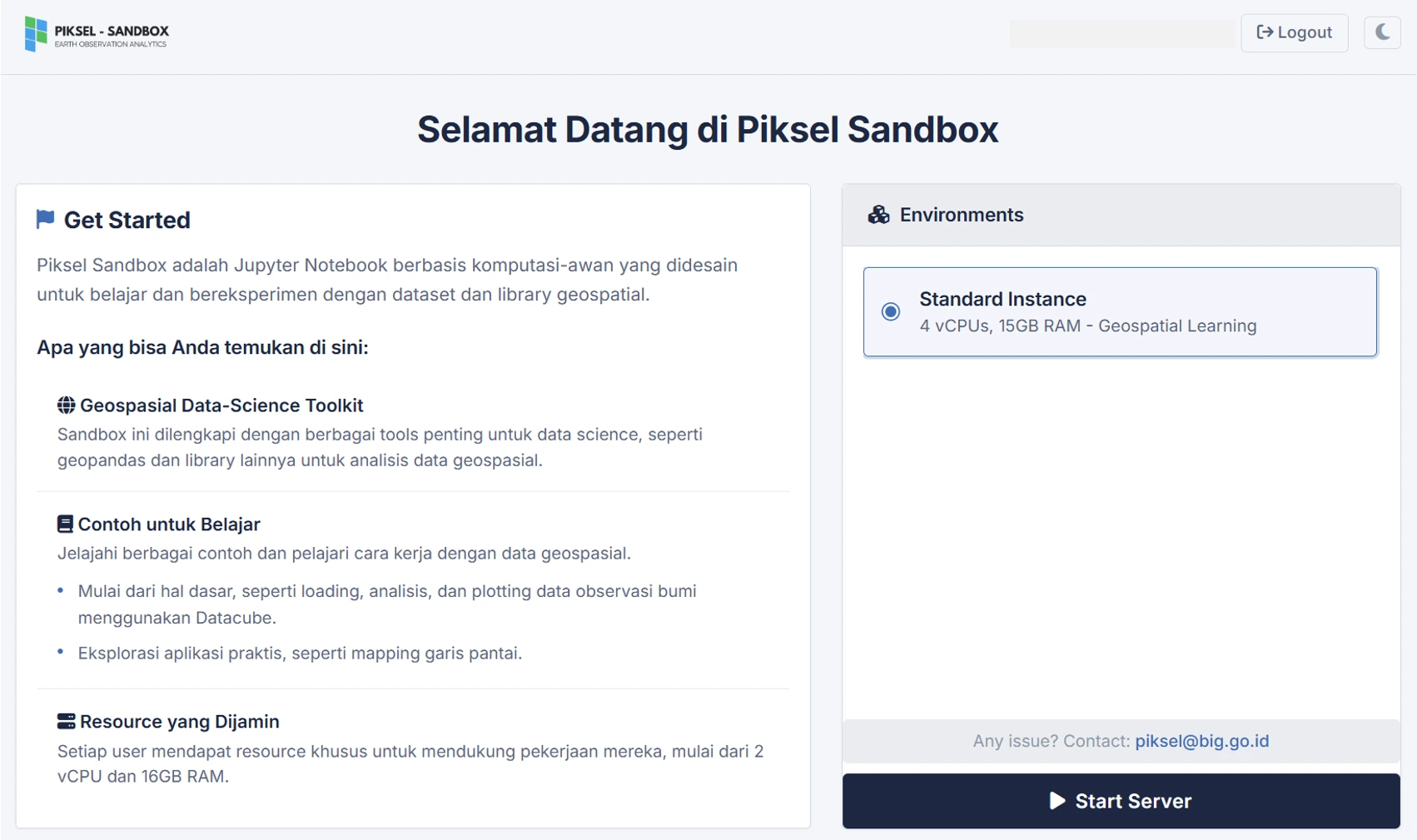 Halaman utama Piksel Sandbox dengan panel Get Started dan pilihan lingkungan komputasi