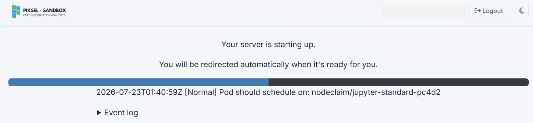 Halaman Piksel Sandbox saat server JupyterLab sedang dijalankan