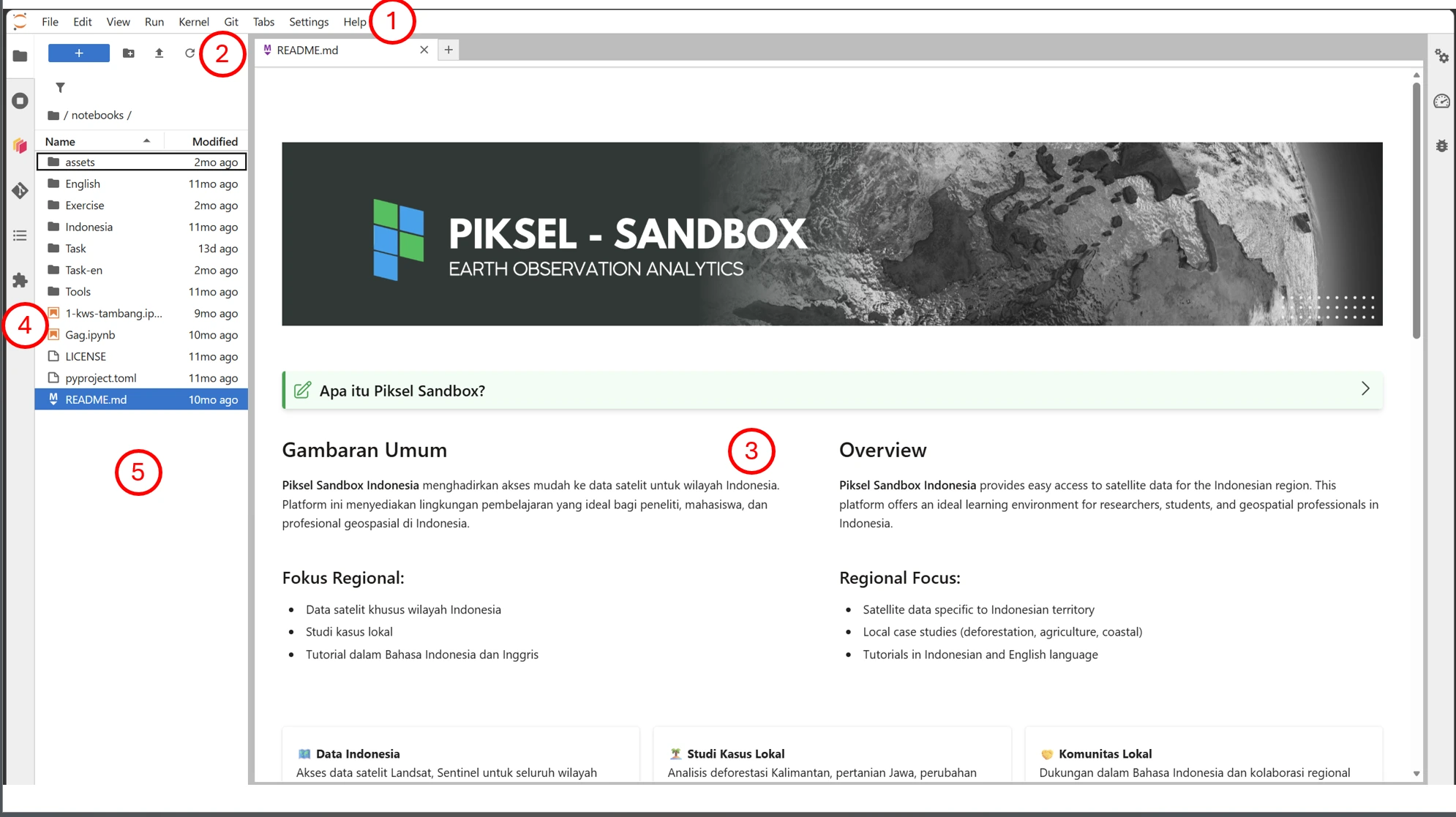 Antarmuka JupyterLab di Piksel Sandbox dengan menu bar, toolbar, file browser, dan area kerja