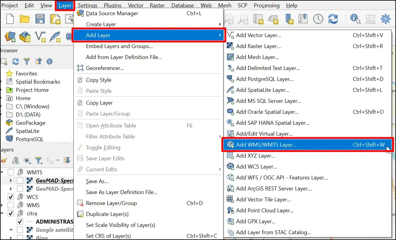 Menu Add WMS/WMTS Layer di QGIS